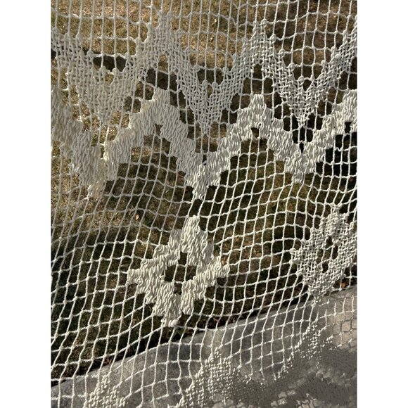 French Antique Ecru Filet Net Panels with Hand Knotted Fringing / Unique 1920s F - Picture 3 of 5